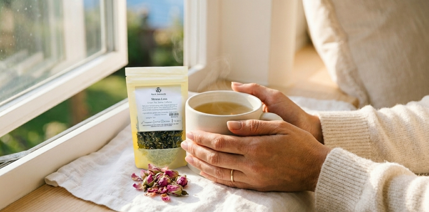 Woman holding warm herbal tea for cortisol relief and nervous system reset, Tea & Turmeric Laguna Beach