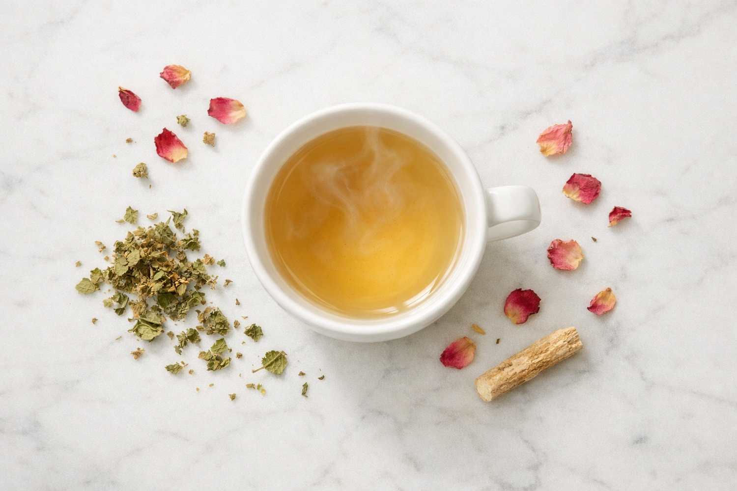 Dried ashwagandha root, tulsi leaves and rose petals with herbal tea for natural cortisol support, Tea & Turmeric Laguna Beach