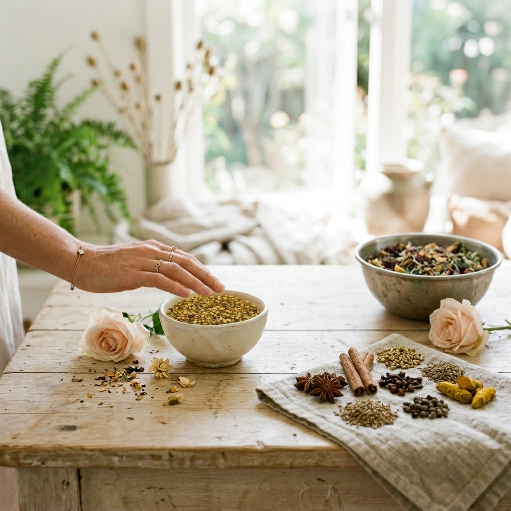 Hand touching bowl of split mung dal surrounded by Ayurvedic spices cinnamon star anise turmeric and rose petals on rustic wooden table