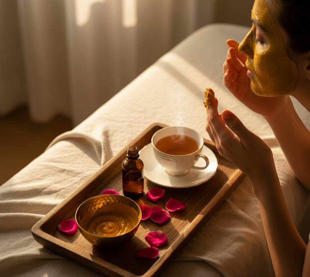 Woman applying a turmeric face mask with a wooden tray of Ayurvedic wellness essentials including herbal tea, rose petals, and botanical oil