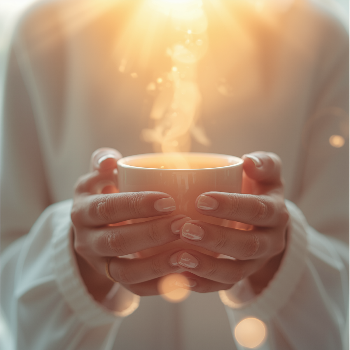 Hands holding a warm glowing mug of Ayurvedic tea, soft golden light radiating upward, representing food as energy and nourishment, Tea & Turmeric Laguna Beach