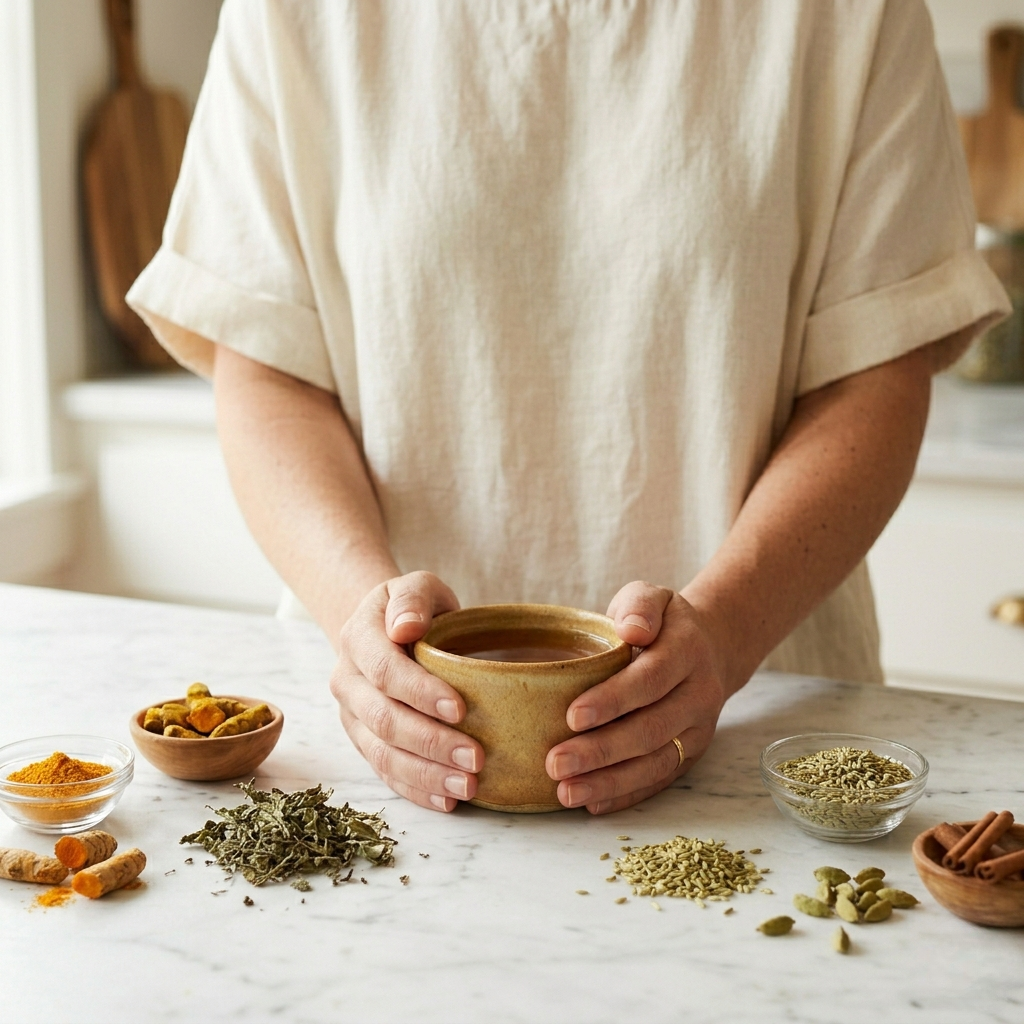 A woman holding a warm ceramic cup of herbal tea surrounded by Ayurvedic spices including turmeric, cardamom, fennel, and tulsi on a white marble counter at Tea & Turmeric Laguna Beach