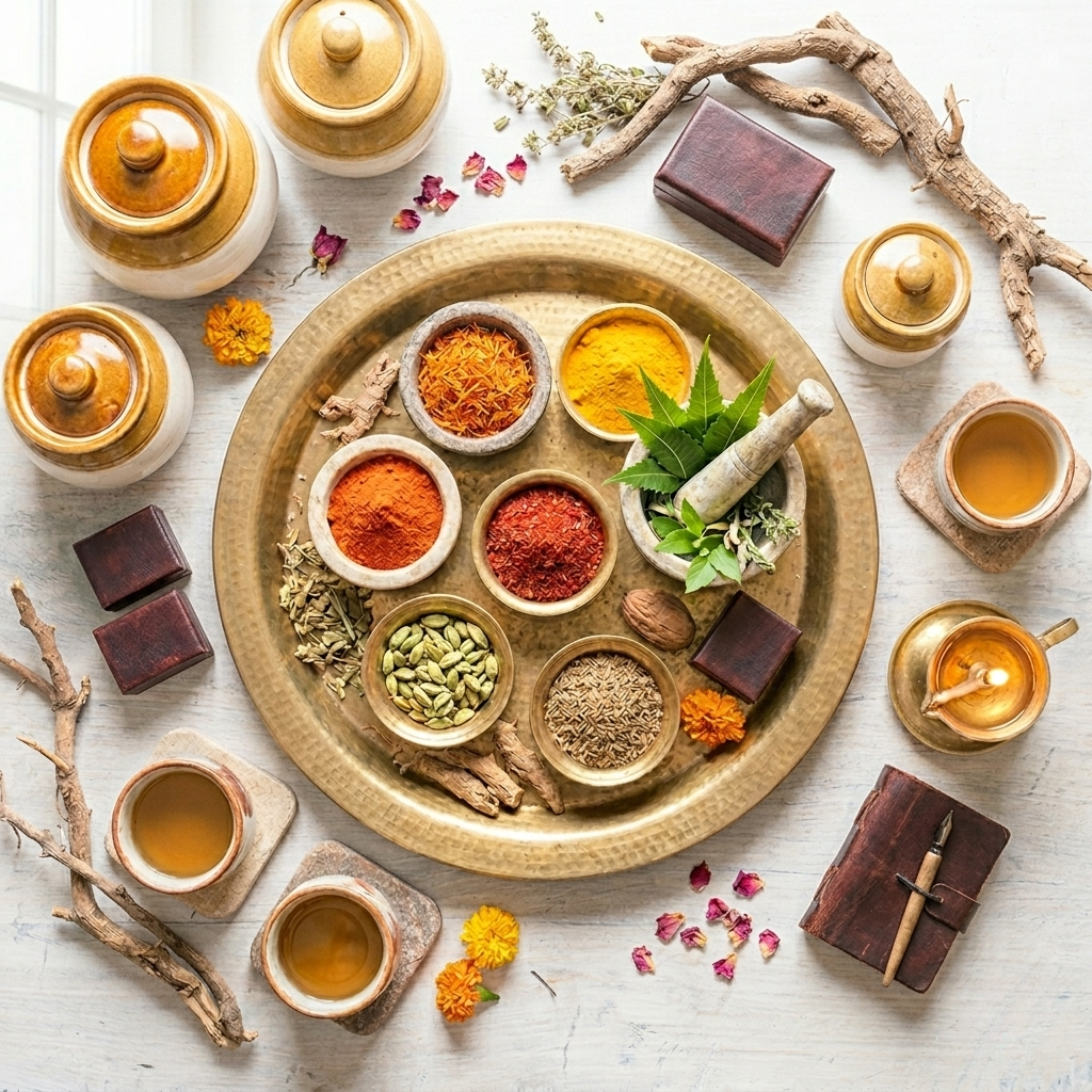 Overhead flat lay of Ayurvedic herbs and spices in brass bowls with turmeric, saffron and cardamom