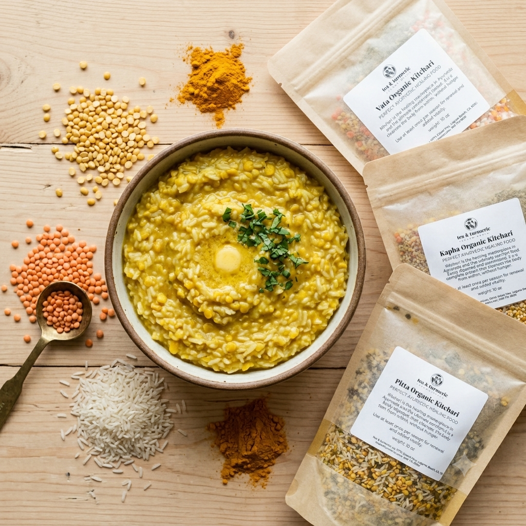 Bowl of golden Ayurvedic kitchari with ghee and herbs alongside Tea and Turmeric Vata Pitta and Kapha organic kitchari packets with turmeric mung dal and basmati rice