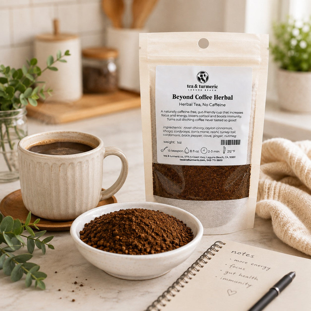 Beyond Coffee Herbal organic caffeine free coffee alternative with brewed herbal coffee, mushroom blend, and herbal grounds on a bright kitchen counter
