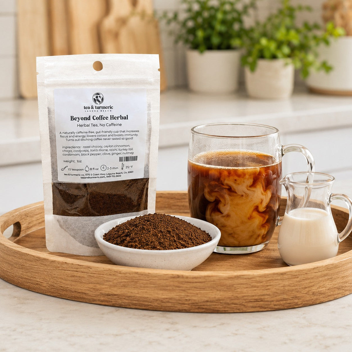 Beyond Coffee Herbal caffeine free coffee alternative with brewed drink, herbal grounds and tea pouch on a bright kitchen counter