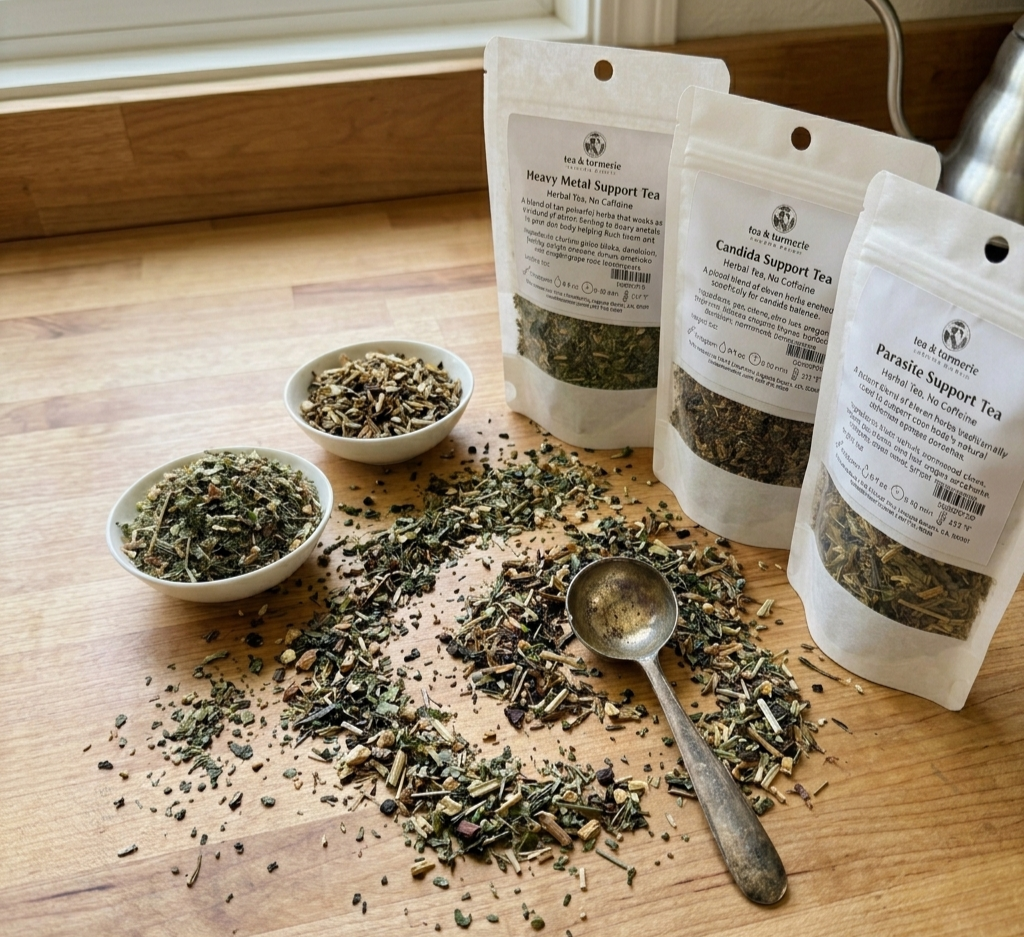 Candida Support Tea, Parasite Support Tea, and Heavy Metal Support Tea by Tea and Turmeric, a holistic wellness tea shop in Laguna Beach, California
