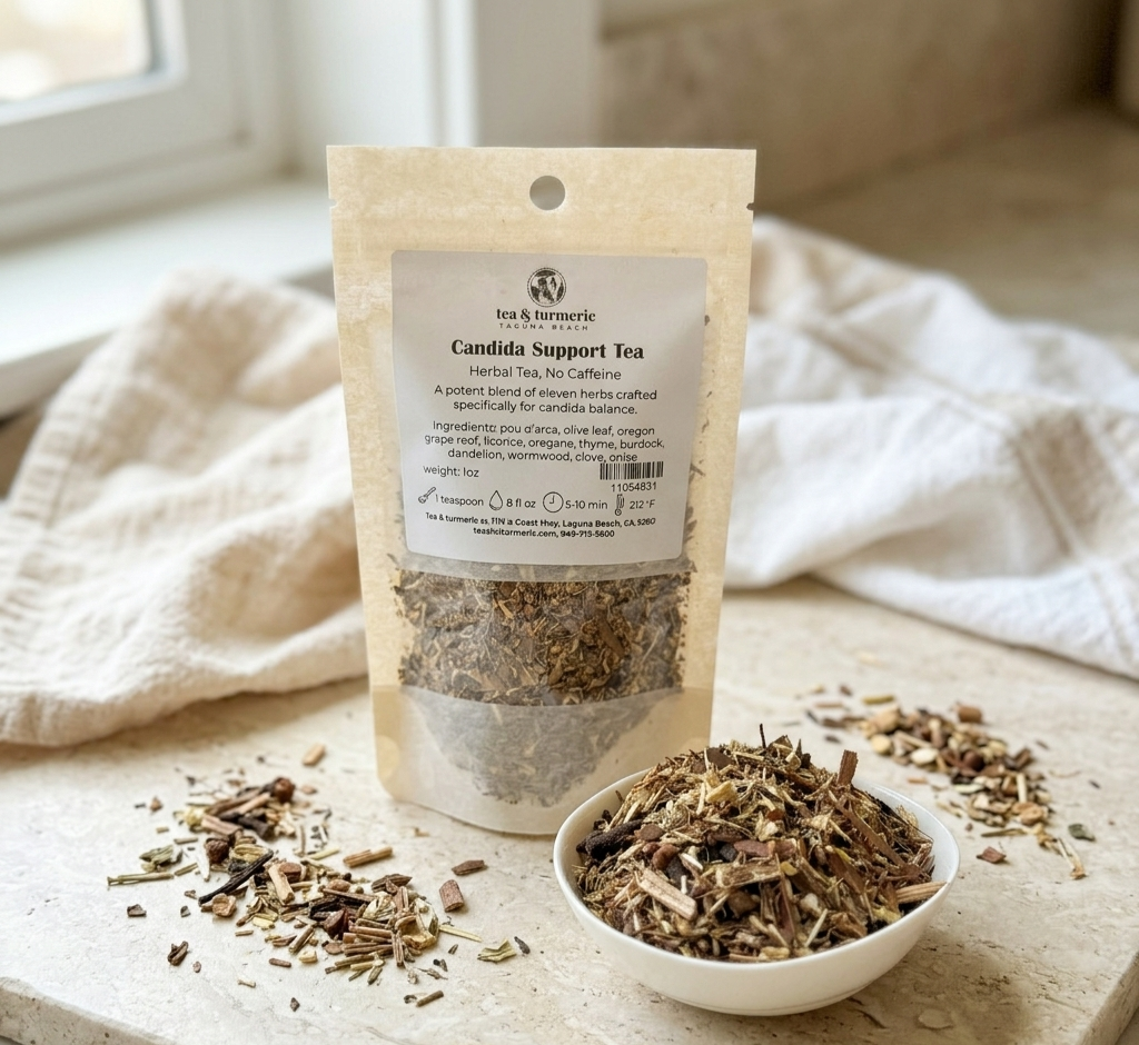 Candida Support Tea loose leaf herbal blend by Tea and Turmeric, Laguna Beach California, with pau d'arco, wormwood, clove and eleven herbs for gut balance