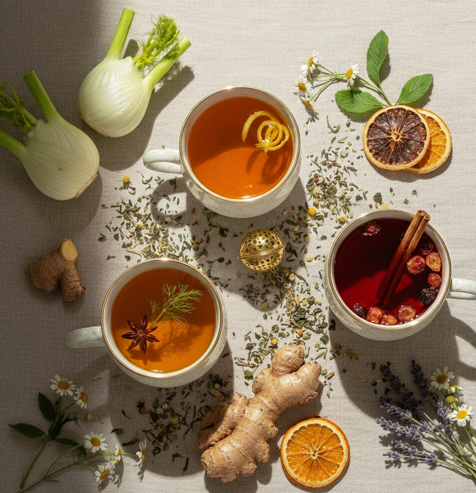 Three herbal detox teas surrounded by fresh ginger, fennel, chamomile, lavender, cinnamon, and dried citrus for a gentle total body cleanse