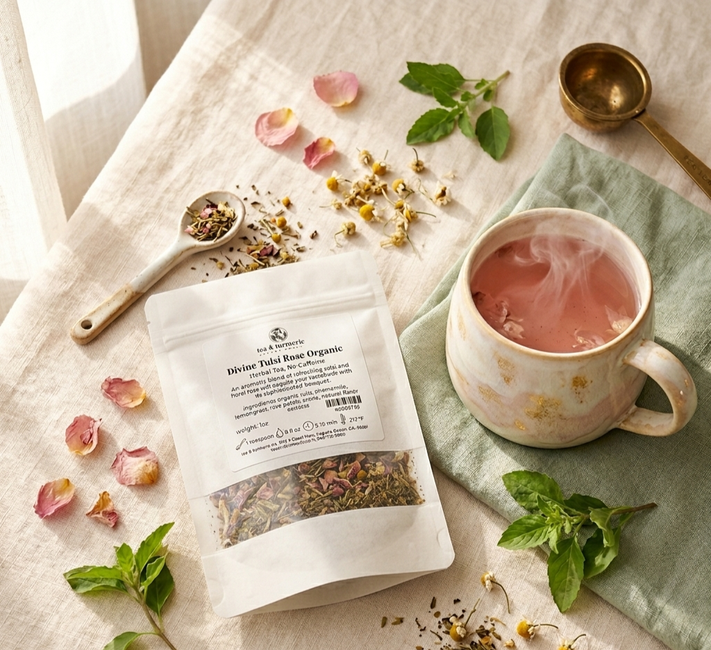 Divine Tulsi Rose Organic herbal tea from Tea and Turmeric Laguna Beach with steaming pink cup, rose petals, chamomile and fresh tulsi, Mother's Day tea ritual for nervous system rest and emotional support