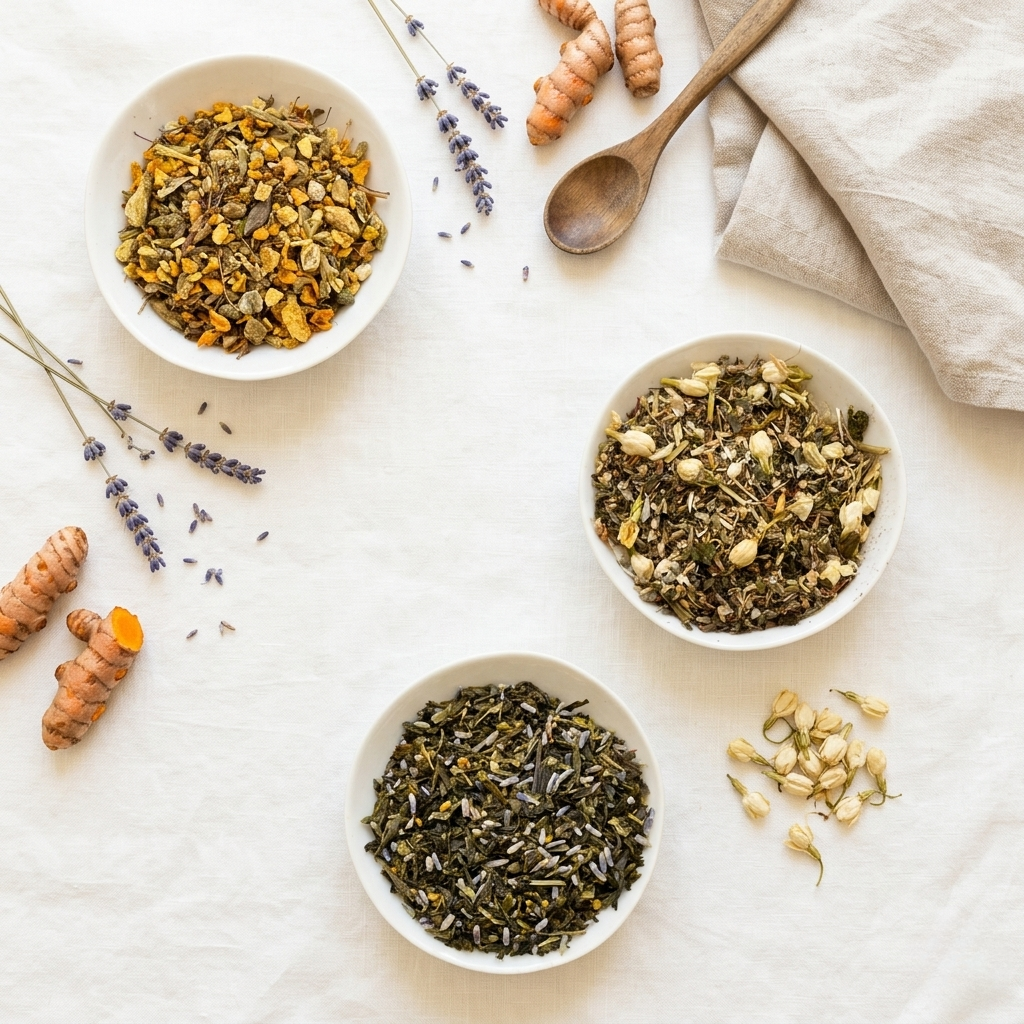 Functional herbal tea blends with turmeric lavender and jasmine handcrafted at Tea and Turmeric in Laguna Beach California