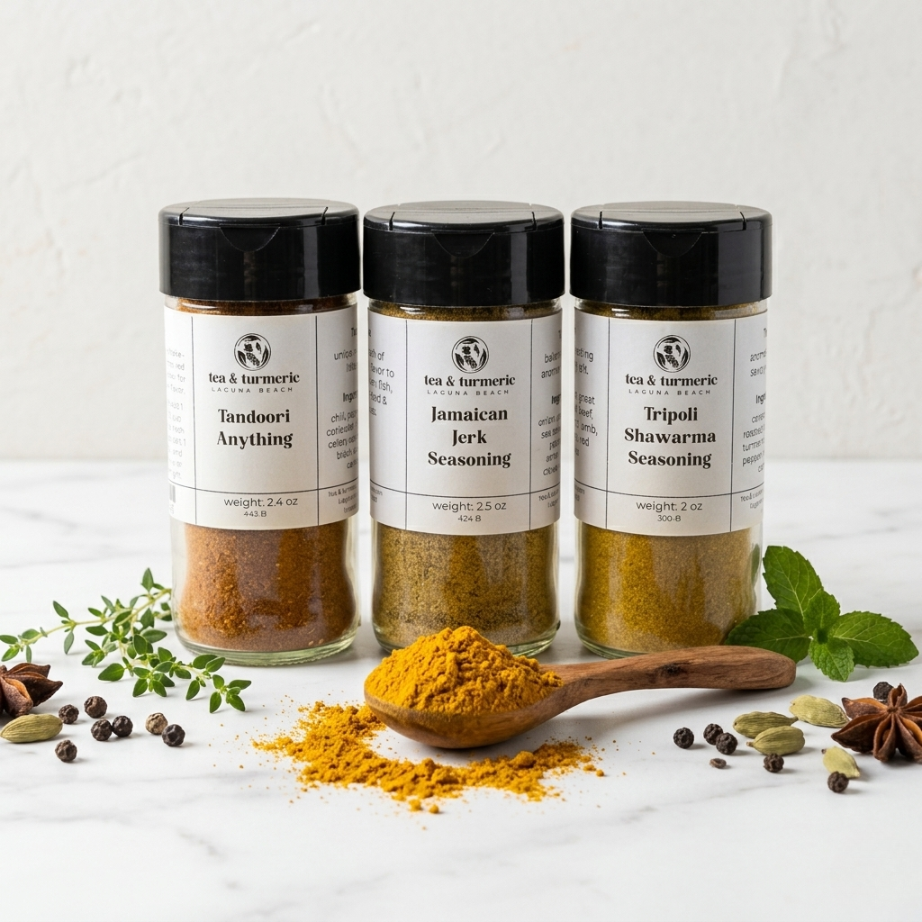 Tandoori, Jamaican Jerk, and Shawarma spice blends by Tea and Turmeric Laguna Beach.