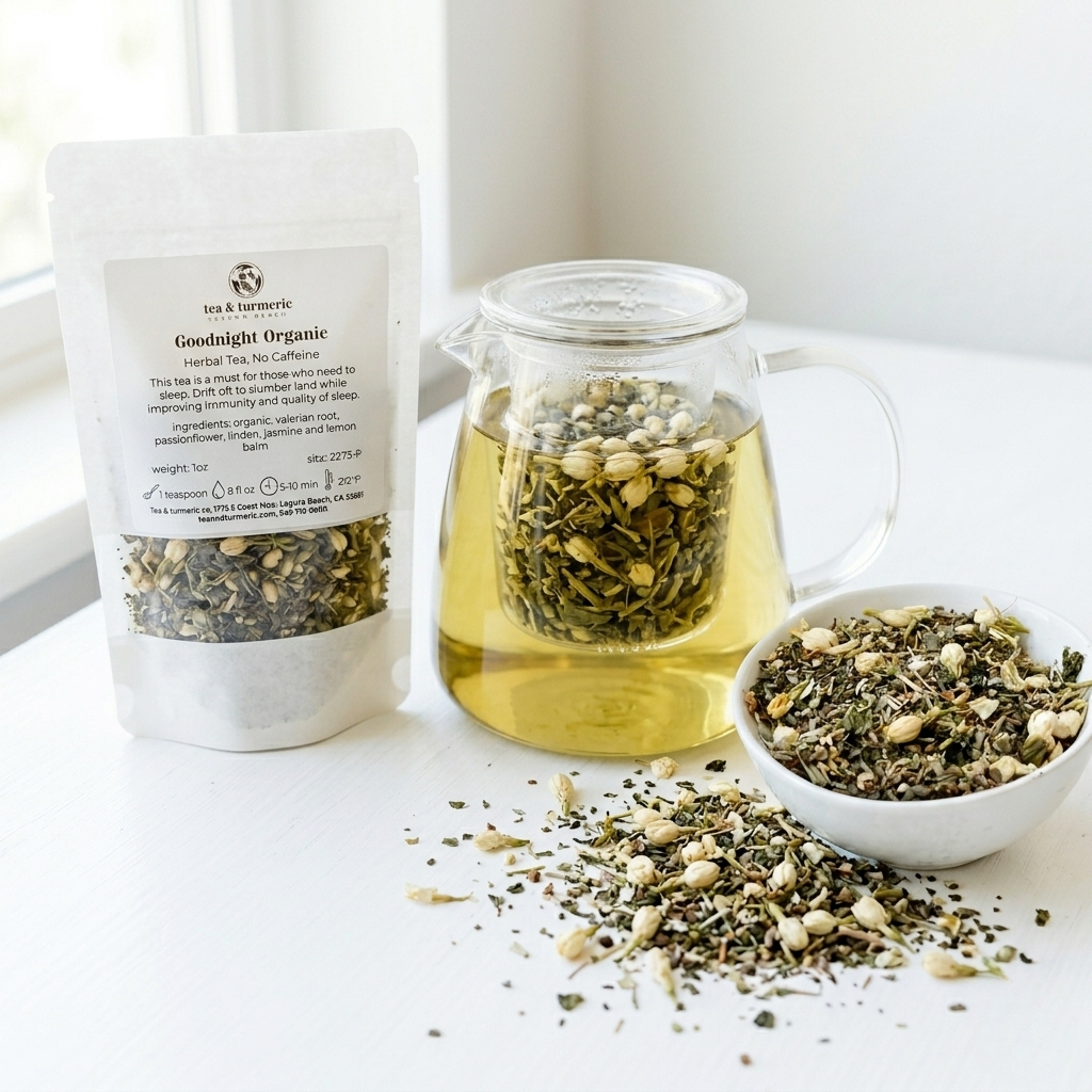 Tea & Turmeric Goodnight Organic tea pouch, glass mug with infuser, and bowl of loose leaf tea on a kitchen counter
