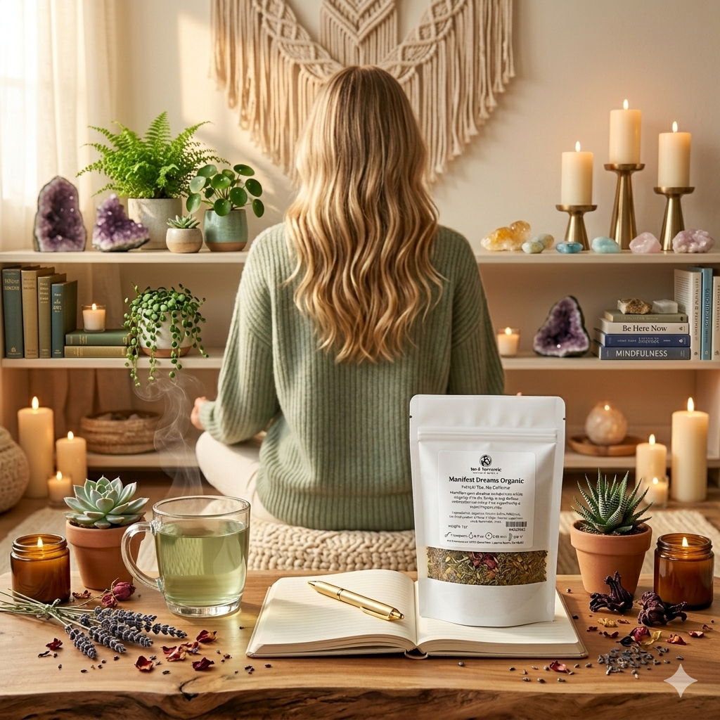 Woman meditating from behind with Manifest Dreams Organic tea, journal and candles on wooden table.