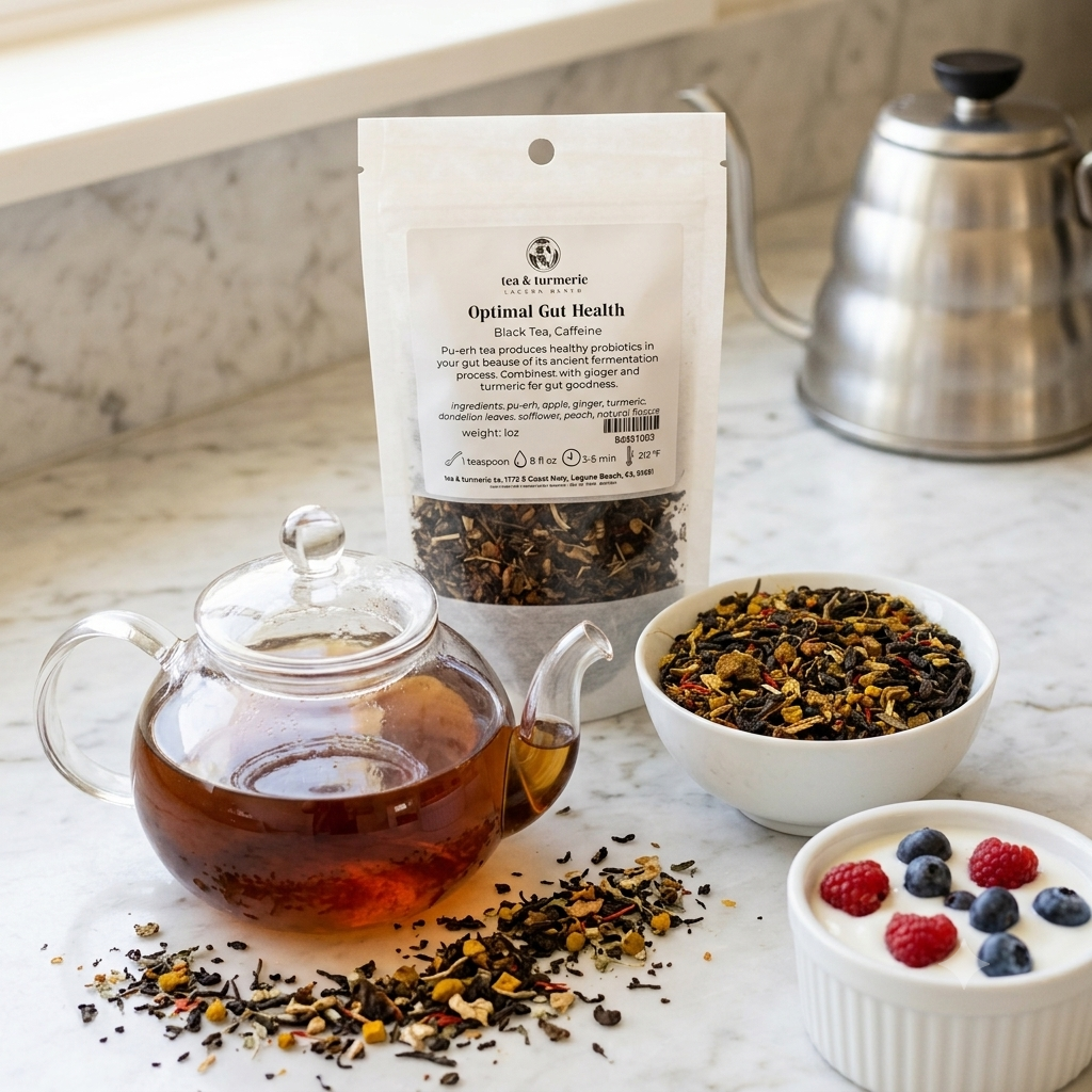 Optimal Gut Health Tea pouch with loose leaf blend, clear glass teapot with dark amber brew, yogurt bowl with fresh berries, light marble surface, natural daylight.