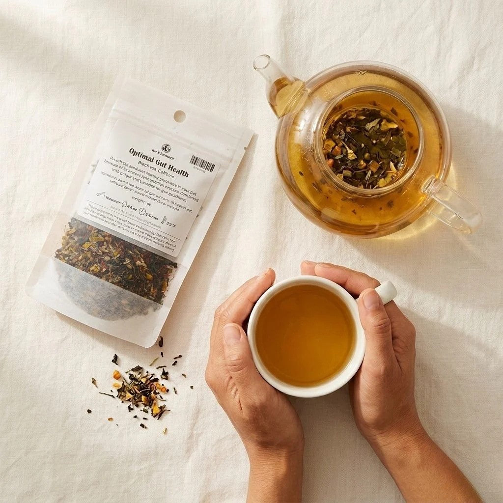 Tea & Turmeric Optimal Gut Health loose leaf tea pouch beside a glass teapot of brewed tea and hands holding a cup