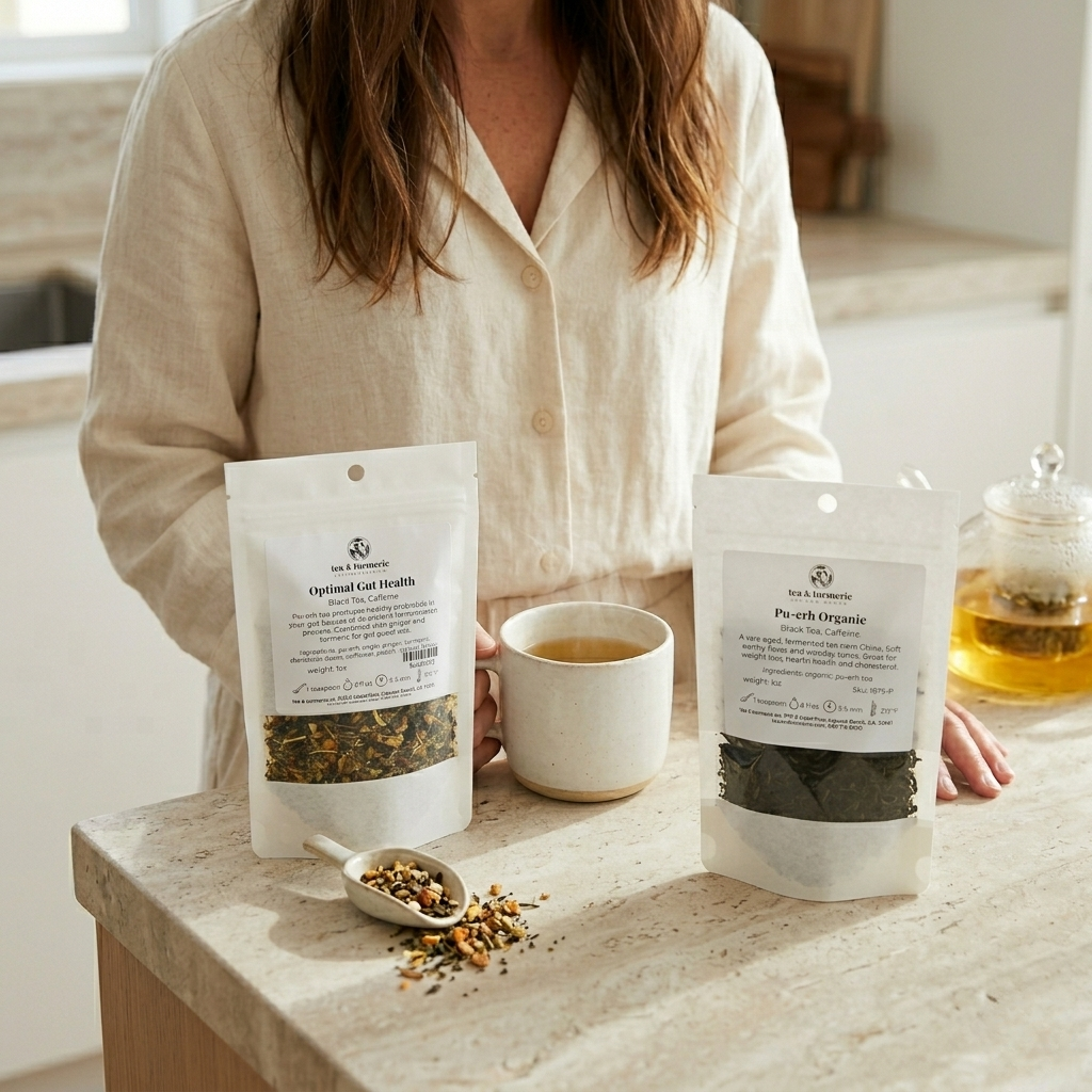 Woman with Optimal Gut Health and Pu-erh Organic loose leaf tea packets and brewed herbal tea, Tea & Turmeric Laguna Beach