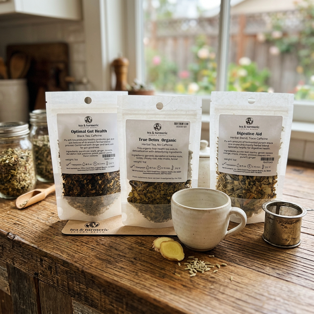 Herbal gut detox tea cleanse by Tea and Turmeric Laguna Beach for digestion and bloating relief