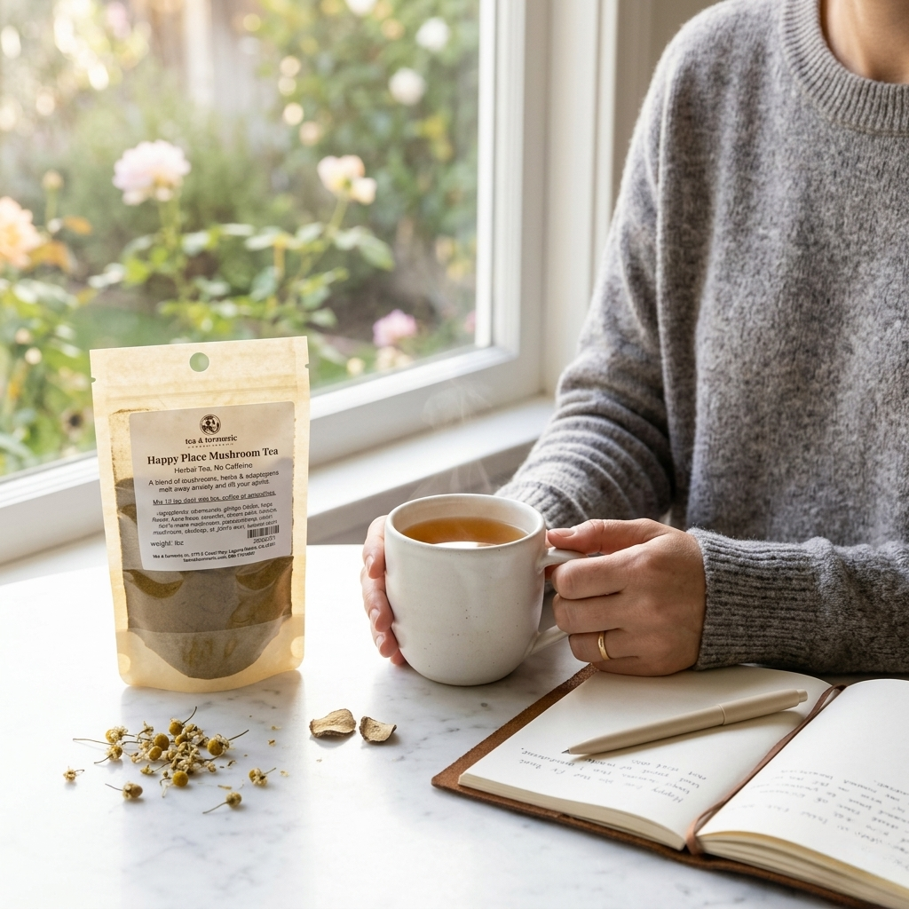 Woman journaling with Happy Place Mushroom Tea by Tea and Turmeric Laguna Beach.