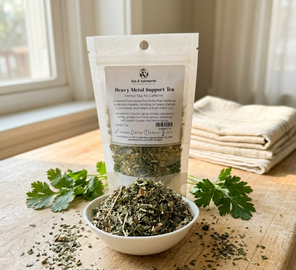 Heavy Metal Support Tea loose leaf herbal blend by Tea and Turmeric Laguna Beach with cilantro, dandelion, parsley, artichoke and ginger for natural liver and detox support