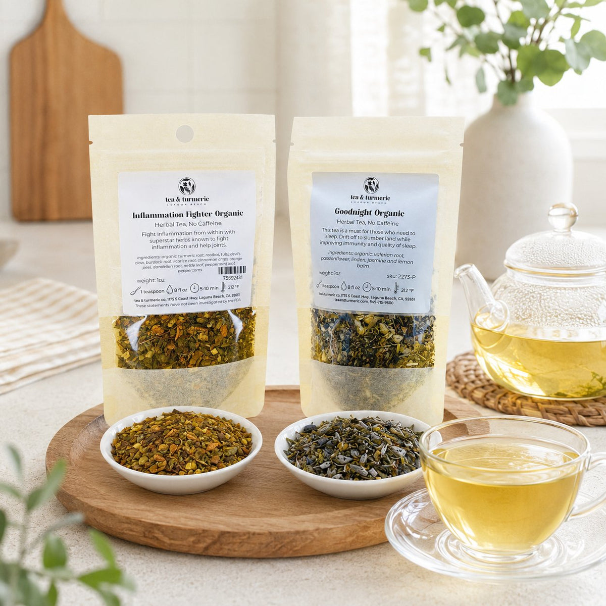 Tea & Turmeric Goodnight and Inflammation Fighter herbal teas with brewed herbal tea in a bright kitchen.