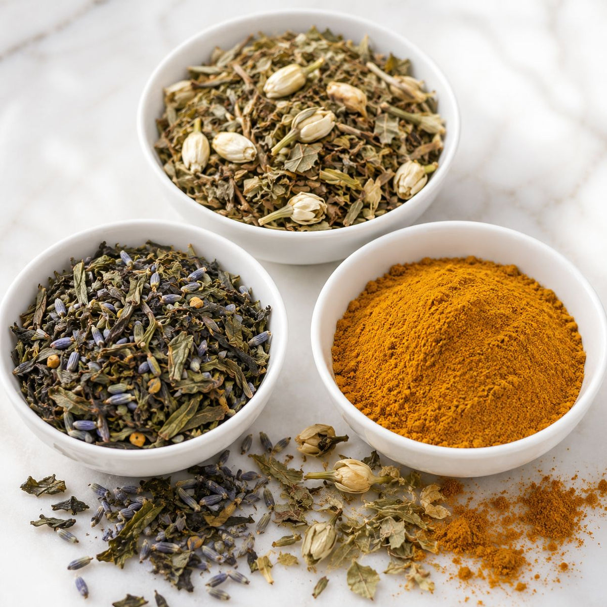 Tea & Turmeric herbal tea collection in small white bowls, on marble kitchen counter,  loose leaf herbs in a bright kitchen.
