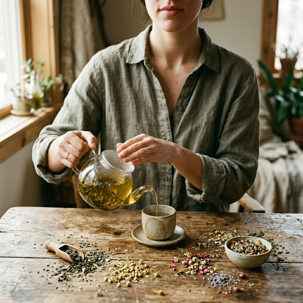 A woman brewing loose leaf tea at home, discovering how to make the perfect cup with tips from Tea & Turmeric in Laguna Beach, California