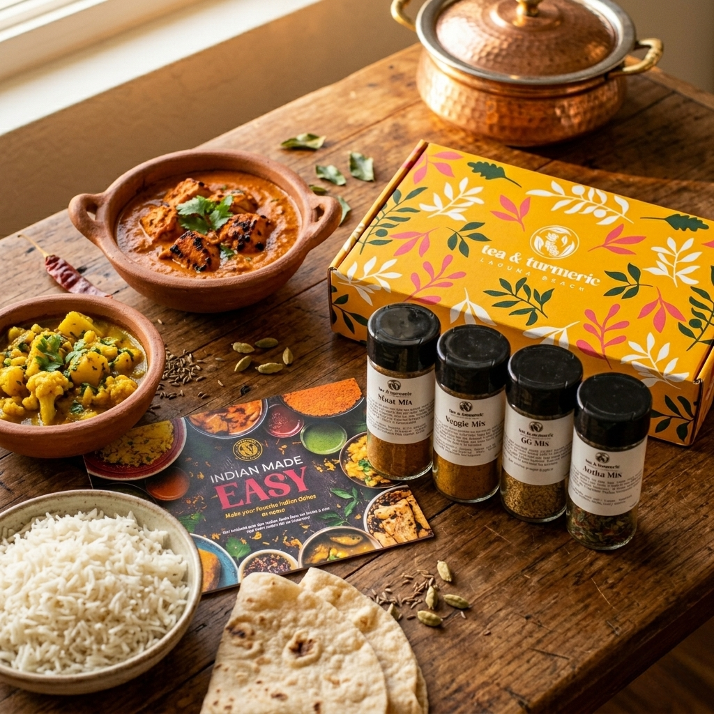 The Tea and Turmeric Indian Made Easy Kit with four handmade spice blends and recipe booklet, surrounded by authentic Indian home cooking in Laguna Beach, California