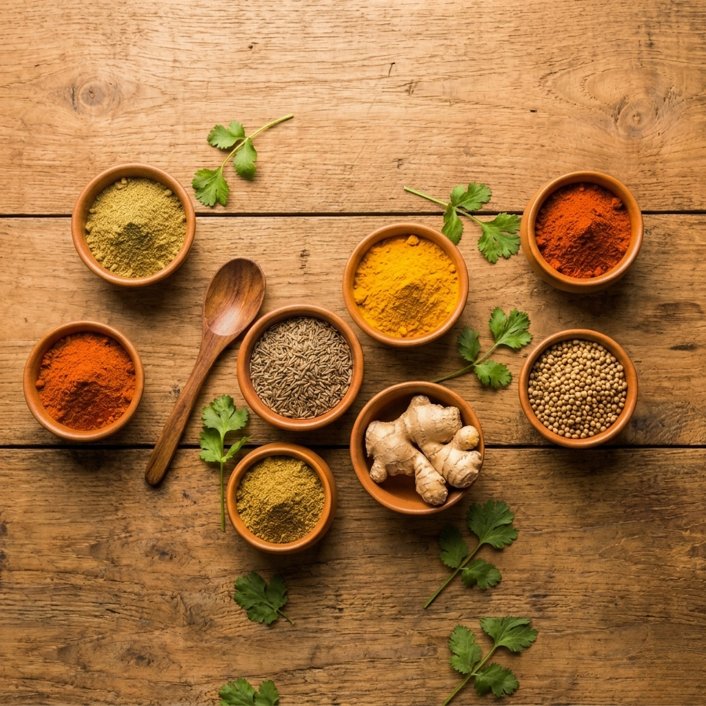 Colorful Indian spices including turmeric, cumin, coriander, and ginger in clay bowls on a rustic wooden surface at Tea and Turmeric in Laguna Beach, California