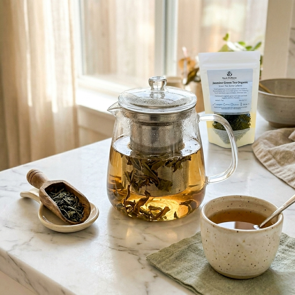 Loose leaf tea brewing in a glass teapot with speckled ceramic mug and wooden scoop by Tea and Turmeric Laguna Beach