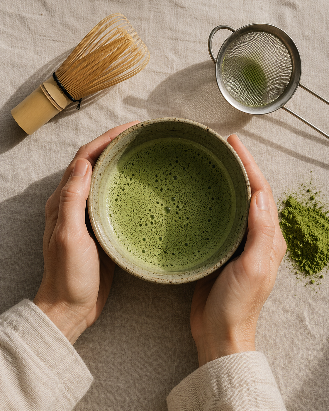 Hands holding a ceramic matcha bowl with bamboo whisk, fine mesh sifter, and vibrant green matcha powder on a linen surface