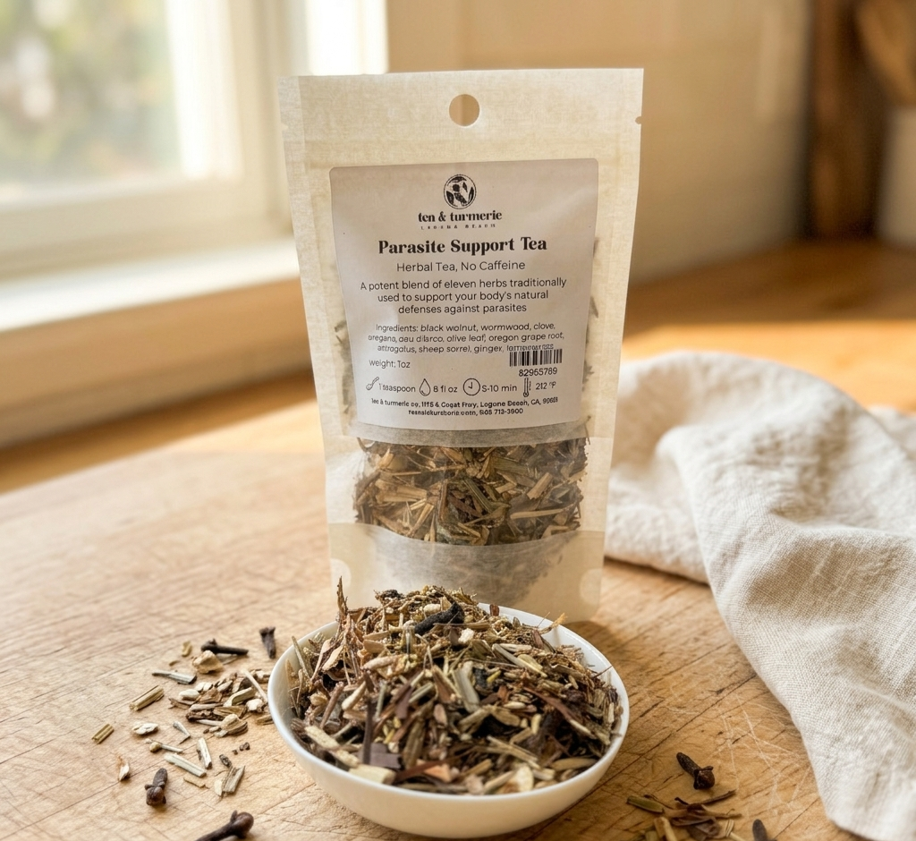 Parasite Support Tea loose leaf herbal blend by Tea and Turmeric Laguna Beach with black walnut, wormwood, clove and lemongrass for natural cleansing support
