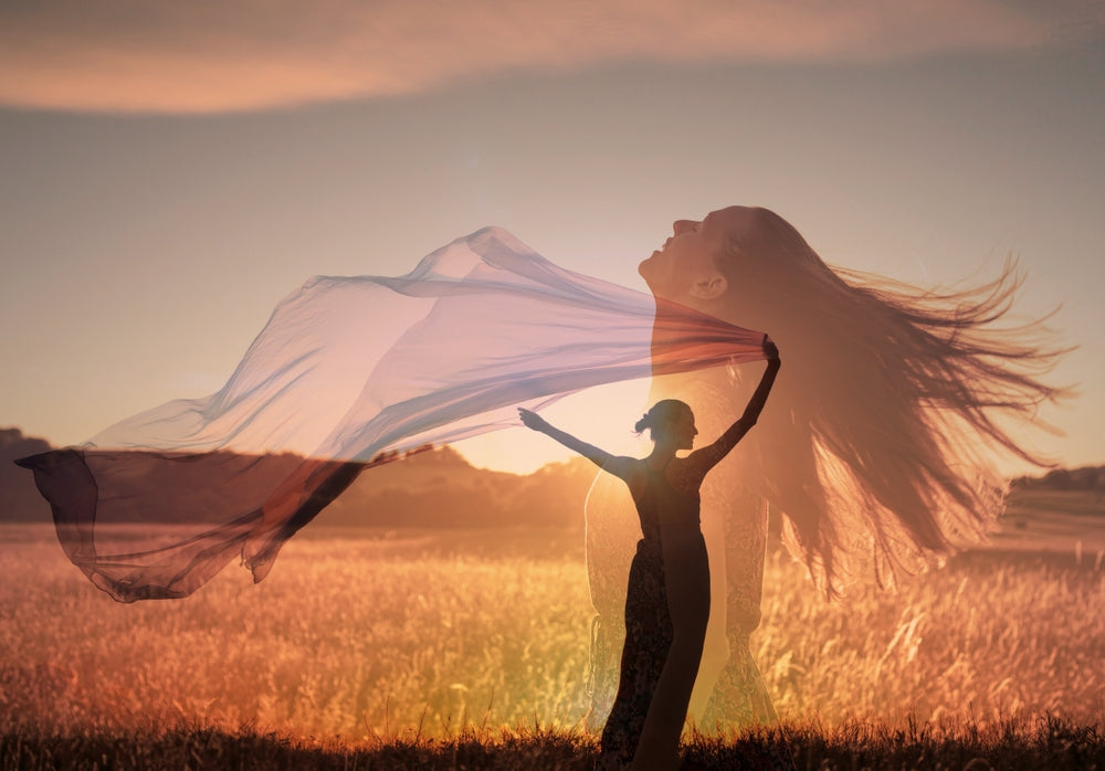 Woman standing in a golden field at sunset releasing flowing fabric, representing Pitta dosha balance and inner fire through Ayurvedic practice