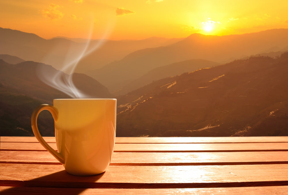 Steaming mug of Ayurvedic herbal tea on a wooden table at golden sunrise with mountain views, post-holiday reset ritualSteaming mug of Ayurvedic herbal tea on a wooden table at golden sunrise with mountain views, post-holiday reset ritual