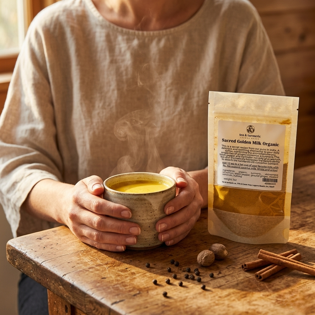 A woman enjoying a warm cup of Sacred Golden Milk from Tea & Turmeric, a handcrafted organic turmeric wellness ritual made in Laguna Beach, California