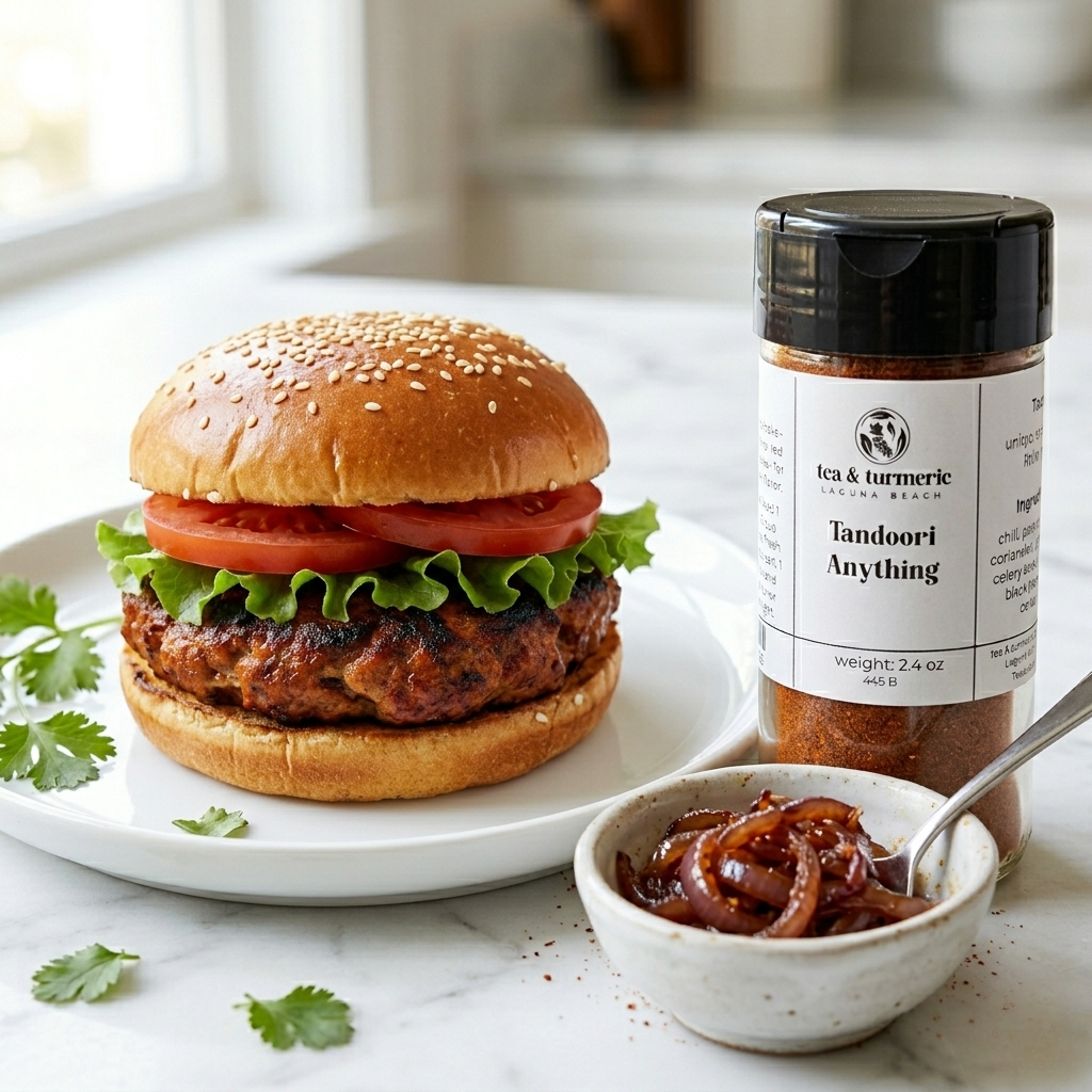Tandoori burger with braised onions and Tandoori Anything spice by Tea and Turmeric.