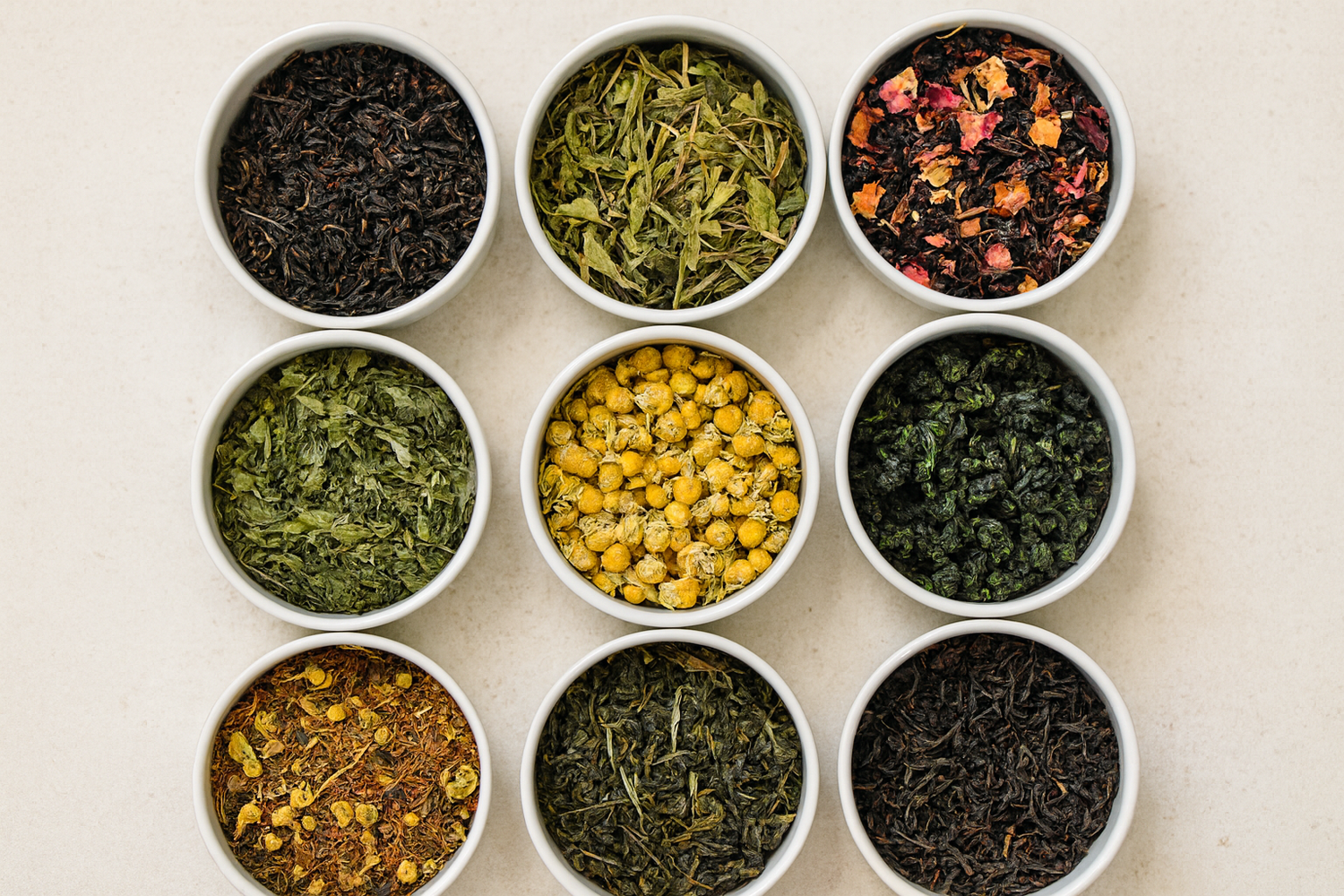 Nine varieties of loose-leaf tea including black, green, chamomile and herbal blends