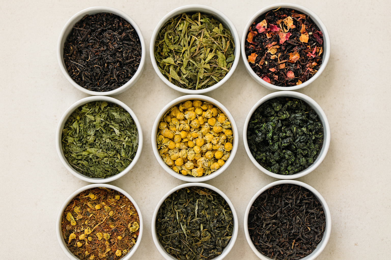 Nine varieties of loose-leaf tea including black, green, chamomile and herbal blends