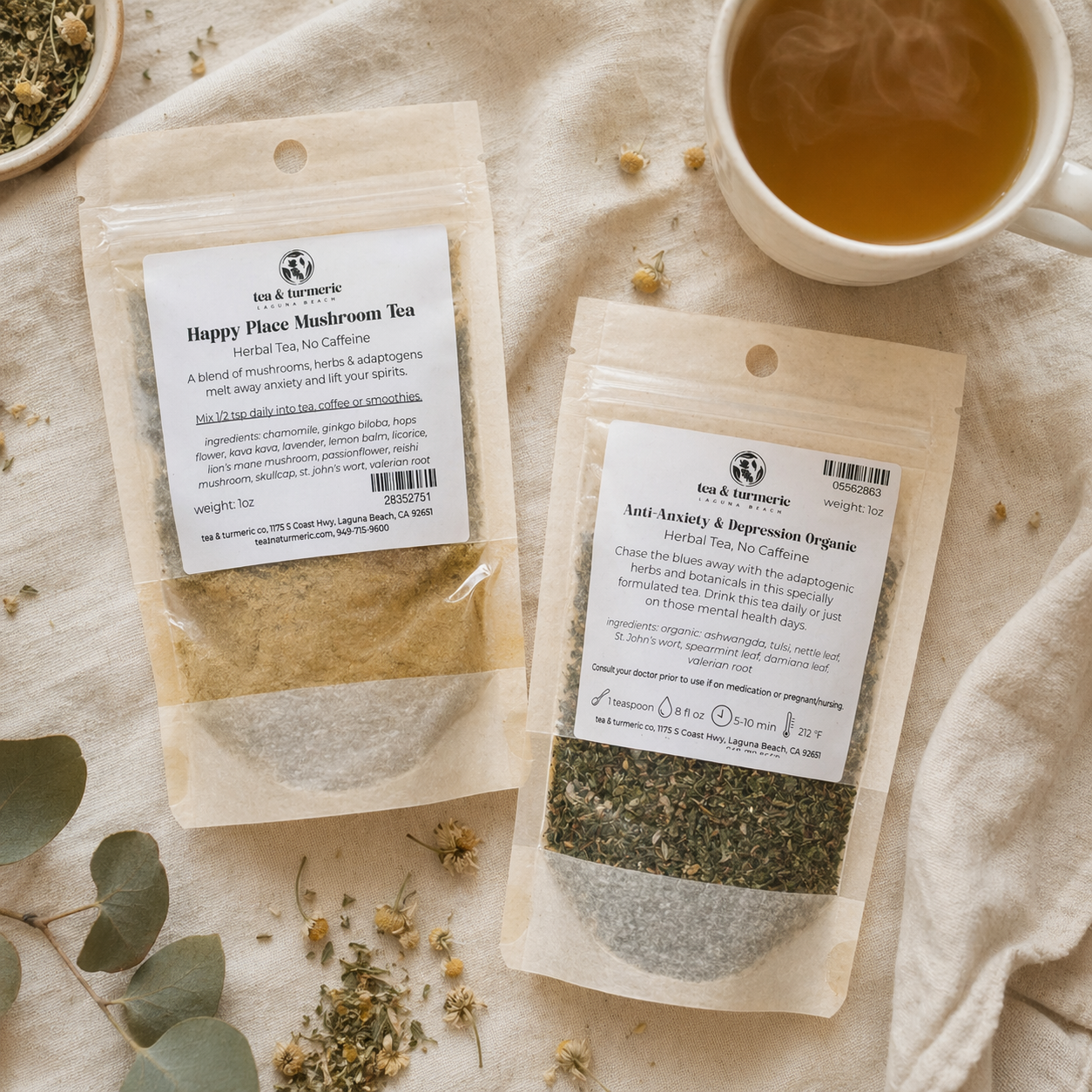 Anti-Anxiety and Depression Organic Herbal Tea and Happy Place Mushroom Tea by Tea and Turmeric, Laguna Beach, natural herbal blends for mood and nervous system support.