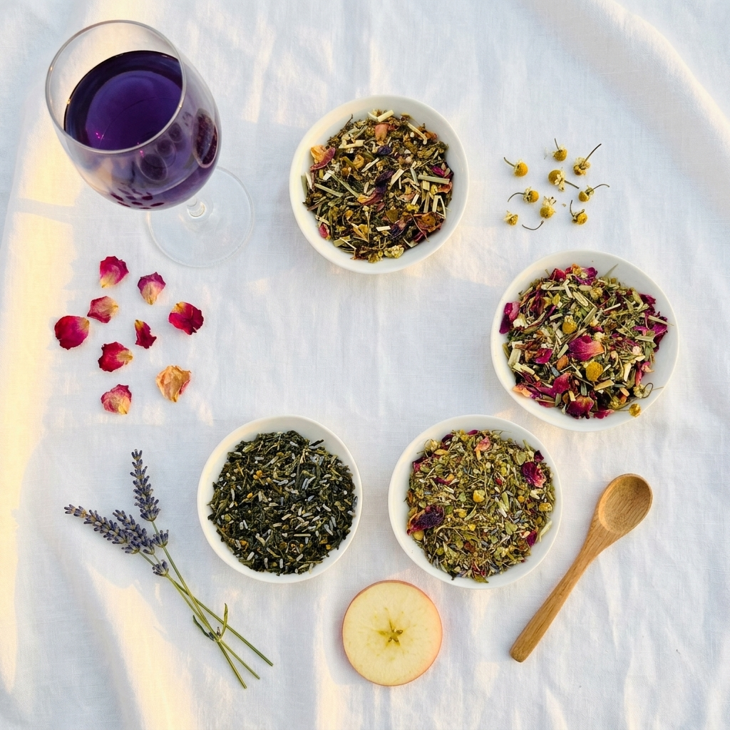 Herbal tea blends for sober curious evenings and dry January rituals handcrafted at Tea and Turmeric in Laguna Beach