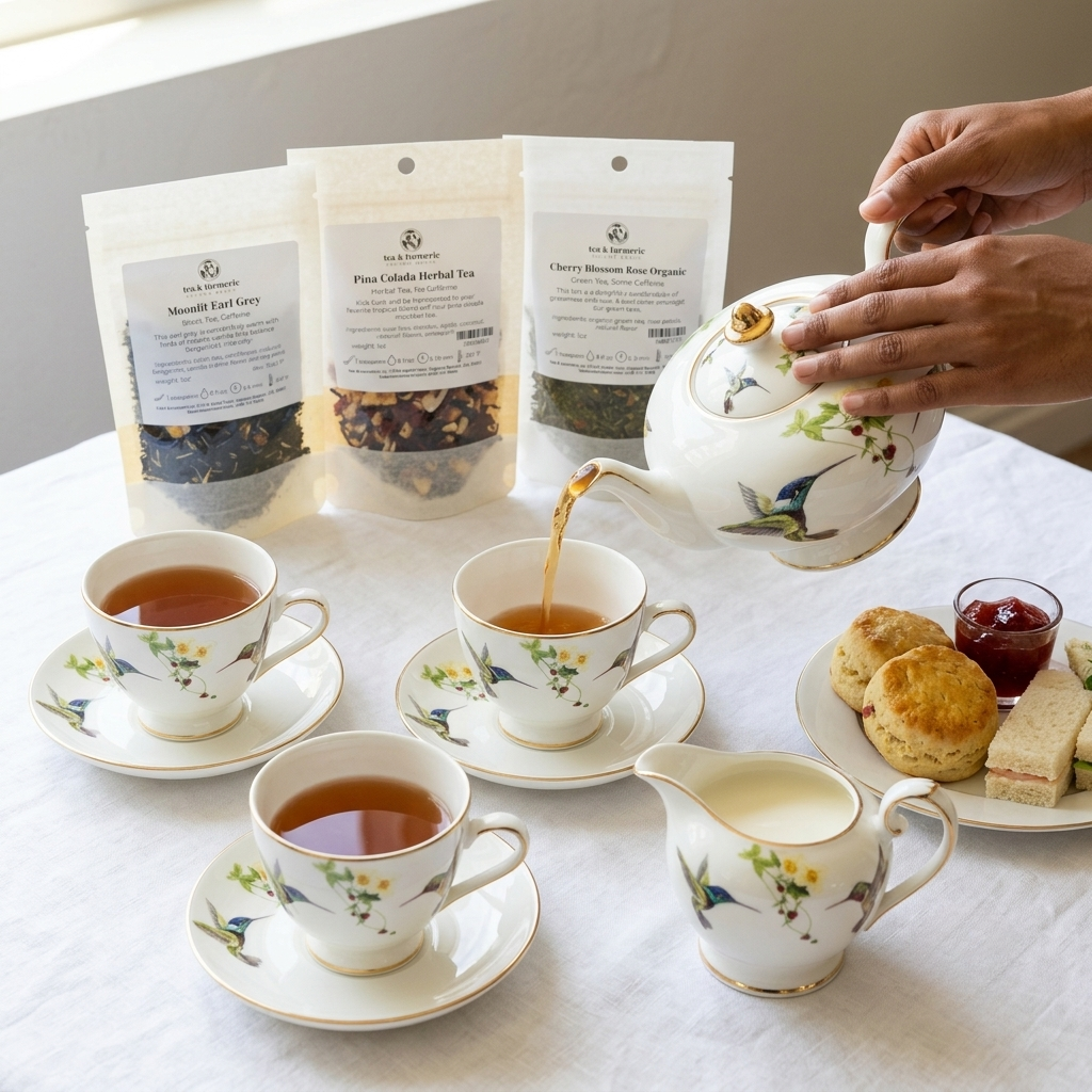 Tea & Turmeric afternoon tea party with hummingbird teapot, three loose leaf teas, scones, and finger sandwiches on a white linen table.