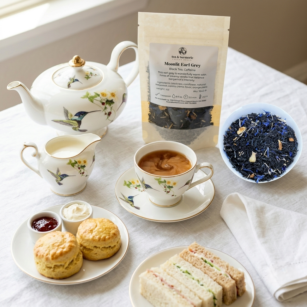 Moonlit Earl Grey Tea and hummingbird tea set styled for an afternoon tea party with scones, finger sandwiches, and cream on a white linen tablecloth.