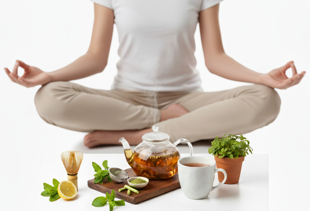 Person meditating in lotus pose with herbal tea, fresh mint and lemon — Ayurvedic stress relief rituals for Thanksgiving from Tea & Turmeric Laguna Beach