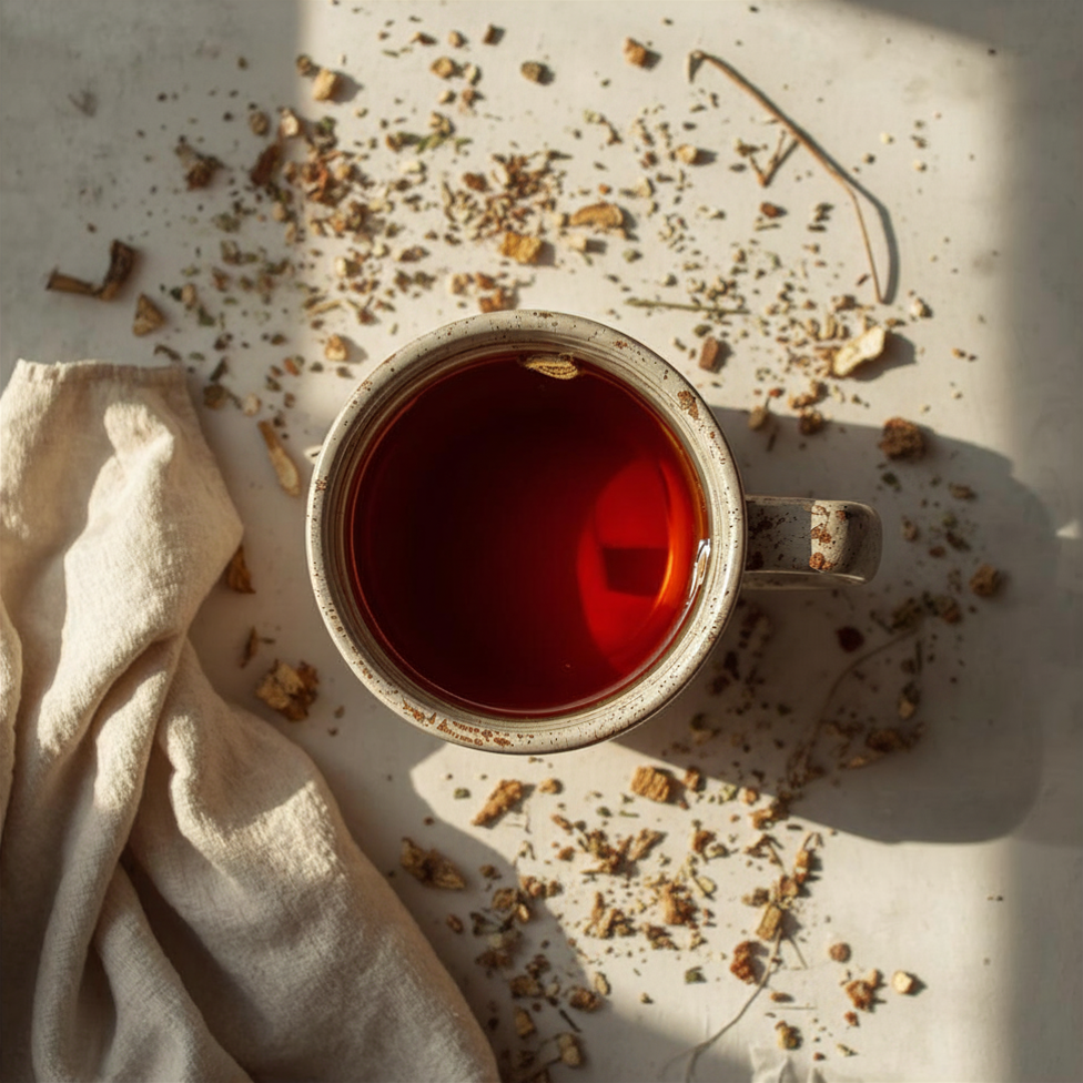 Overhead flat lay of True Detox Tea in a rustic ceramic mug with scattered dried herbs on a white surface, natural window light, Tea and Turmeric Laguna Beach