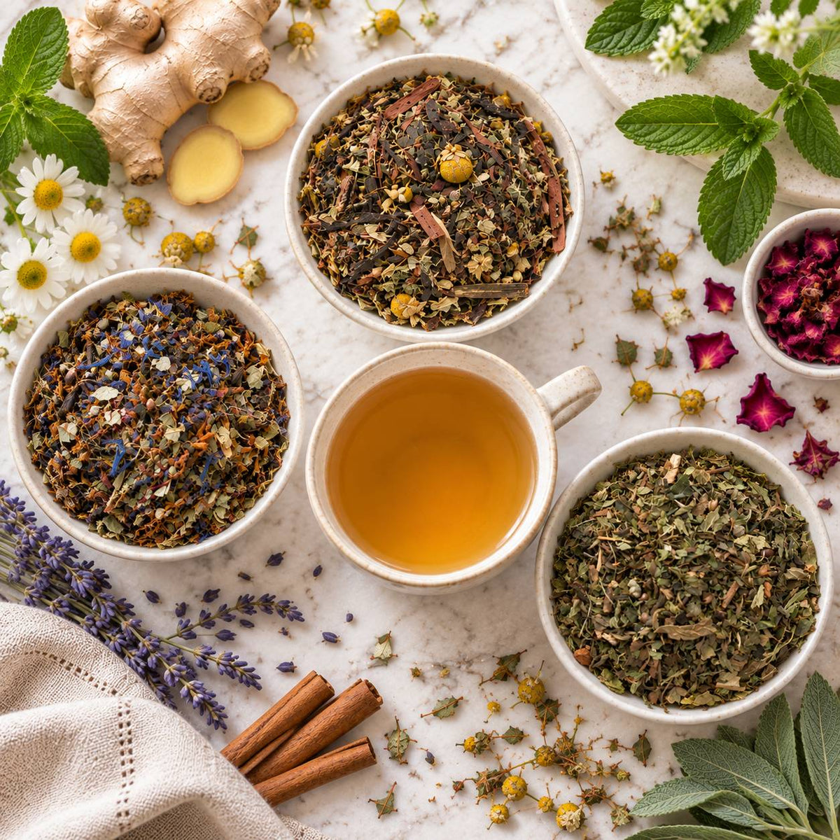 Three bowls of herbal tea with chamomile and mint for hormonal health support